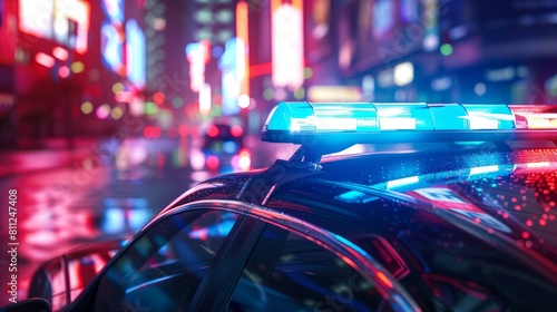 Blue and red light flasher atop of a police car. City lights on the background. hyper realistic  photo