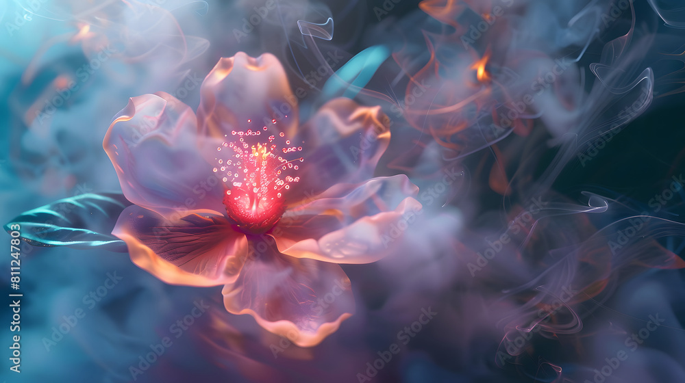 neon-lit flower blossom emerging from swirling smoke, with the delicate petals bathed in vibrant colors and ethereal light neon-lit flower blossom emerging from swirling smoke, with the delicate petals bathed in vibrant colors and ethereal light