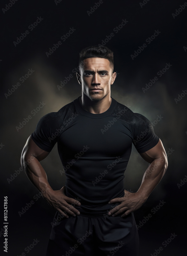 Un joueur de rugby musclé portant un maillot et un short noir, les mains sur les hanches, arrière-plan sombre. Un joueur de rugby musclé portant un maillot et un short noir, les mains sur les hanches, arrière-plan sombre.