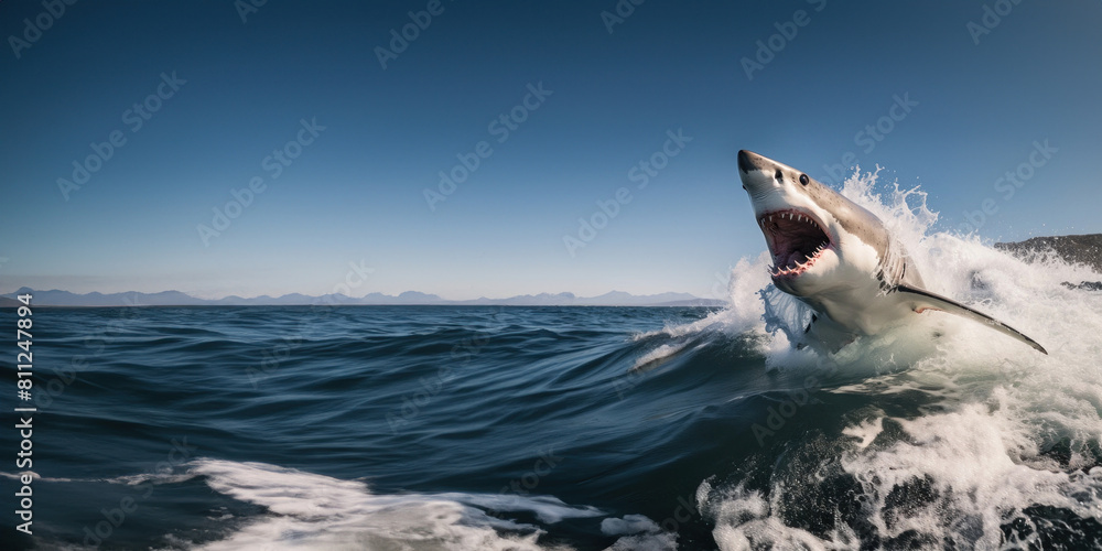 Fototapeta premium L'attaque d'un grand requin blanc, bondissant hors de l'eau, chassant une proie dans l'océan, ciel bleu magnifique, image avec espace pour texte.