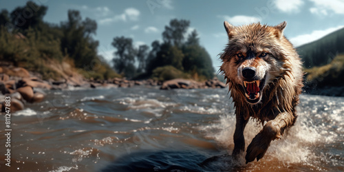 L'attaque d'un loup agressif, la gueule ouverte prêt à mordre, traversant une rivière à toute vitesse, image avec espace pour texte. photo