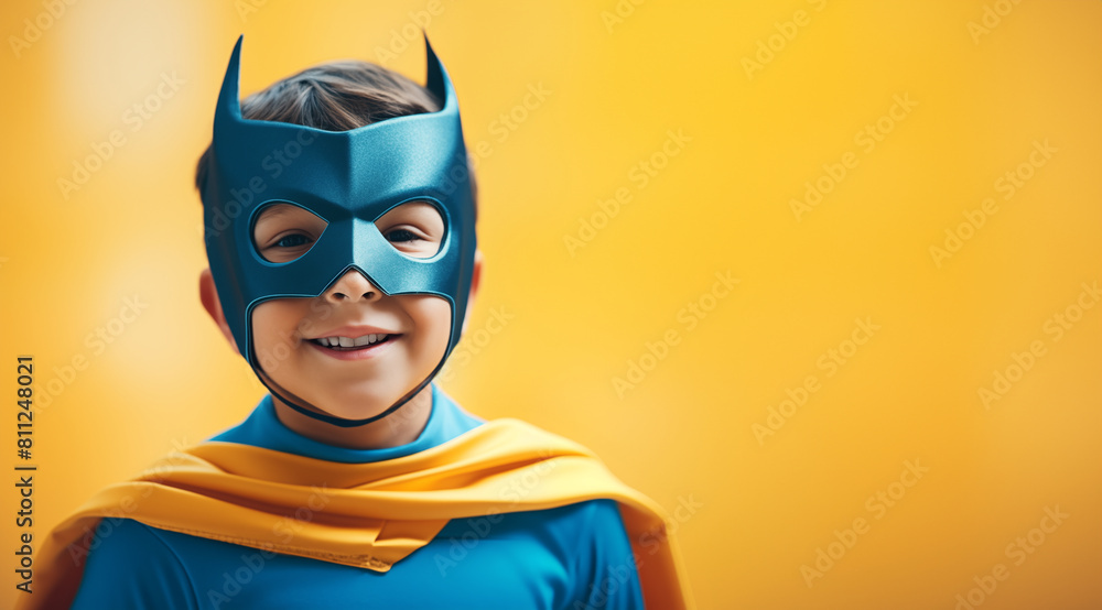 Un enfant de 10 ans, souriant, portant un costume de super-héros et un masque, arrière-plan isolé, coloré, jaune, image avec espace pour texte.