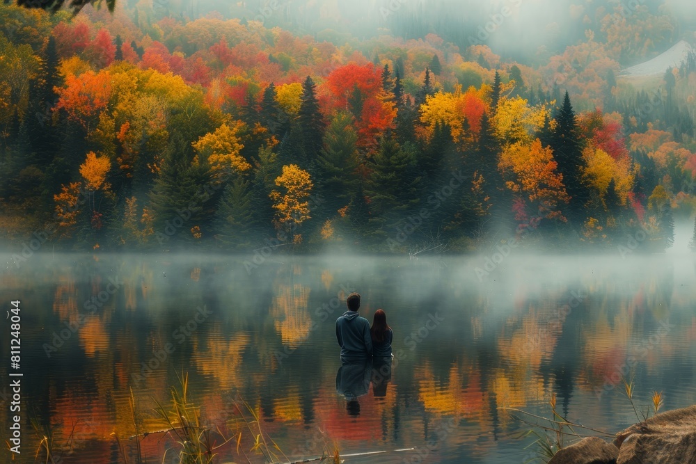 Fototapeta premium A man stands on a calm lake surrounded by lush trees, A landscape shot of a couple gazing out over a misty lake, surrounded by a blanket of autumn colors