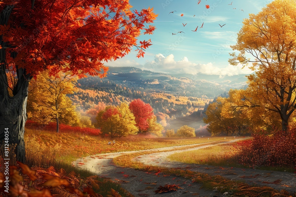 Fototapeta premium A painting depicting a country road surrounded by colorful fall foliage, A landscape with colorful fall leaves and a serene Thanksgiving atmosphere