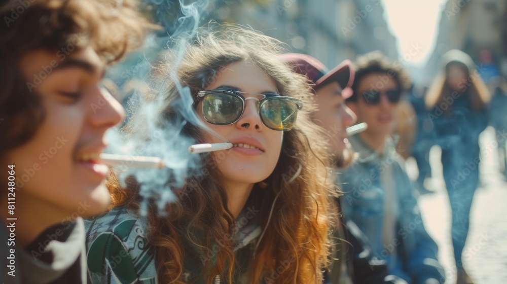 A group of young people smoke cannabis together with smoke A group of young people smoke cannabis together with smoke