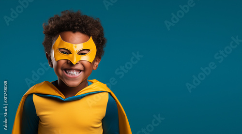 Un jeune garçon noir portant un costume de super-héros et un masque jaune, souriant, arrière-plan isolé coloré bleu, image avec espace pour texte. photo