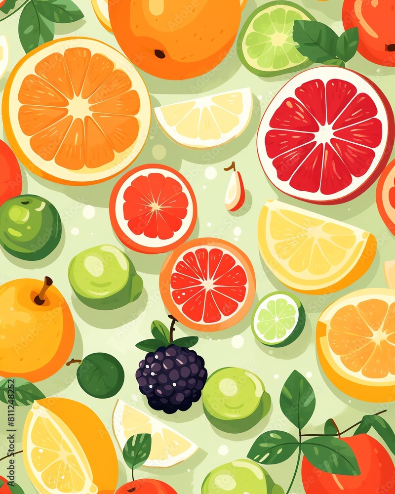 Fruit assortment illustration flat design top view orchard theme cartoon drawing Analogous Color Scheme