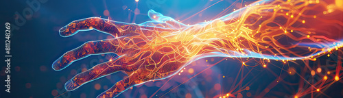 Stunning digital artwork showcasing the anatomy of the human hand with glowing energy flows and vivid orange sparks. photo