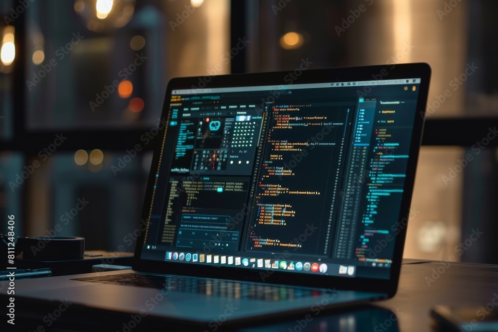 A laptop computer displaying a complex coding project on top of a desk, A laptop screen displaying a complex coding project A laptop computer displaying a complex coding project on top of a desk, A laptop screen displaying a complex coding project