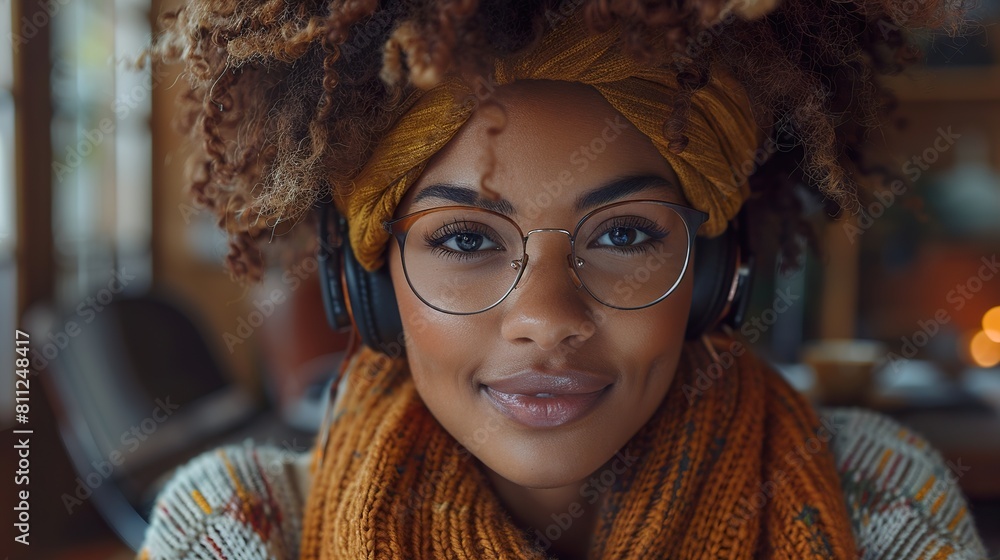 Smiling Young Woman in Headphones Enjoying Music at Home