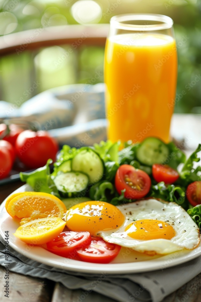 Nutritious breakfast fried egg with vegetables, orange juice, white table setting Nutritious breakfast fried egg with vegetables, orange juice, white table setting