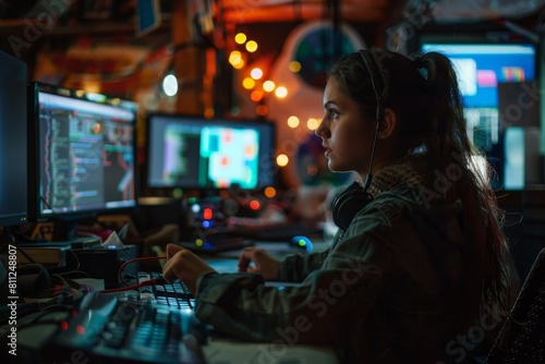 A Latina woman sitting at a computer late at night, wearing headphones and concentrating on her work, A Latina woman working late into the night in a dimly lit room filled with monitors and computers