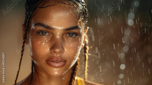 A portrait of an athletic woman with braided hair  standing under raindrops against a dark brown background. Generative AI.