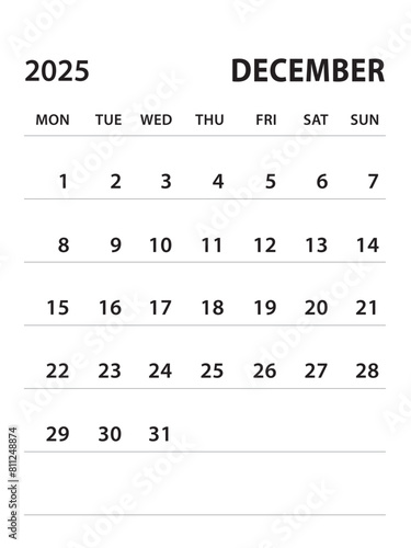 December 2025-Calendar 2025 template vector on white background, week start on monday, Desk calendar 2025 year, Wall calendar design, corporate planner template, clean style, stationery, organizer