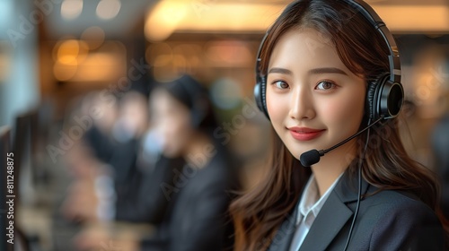 Professional Young Asian Woman With Headset in Office Environment