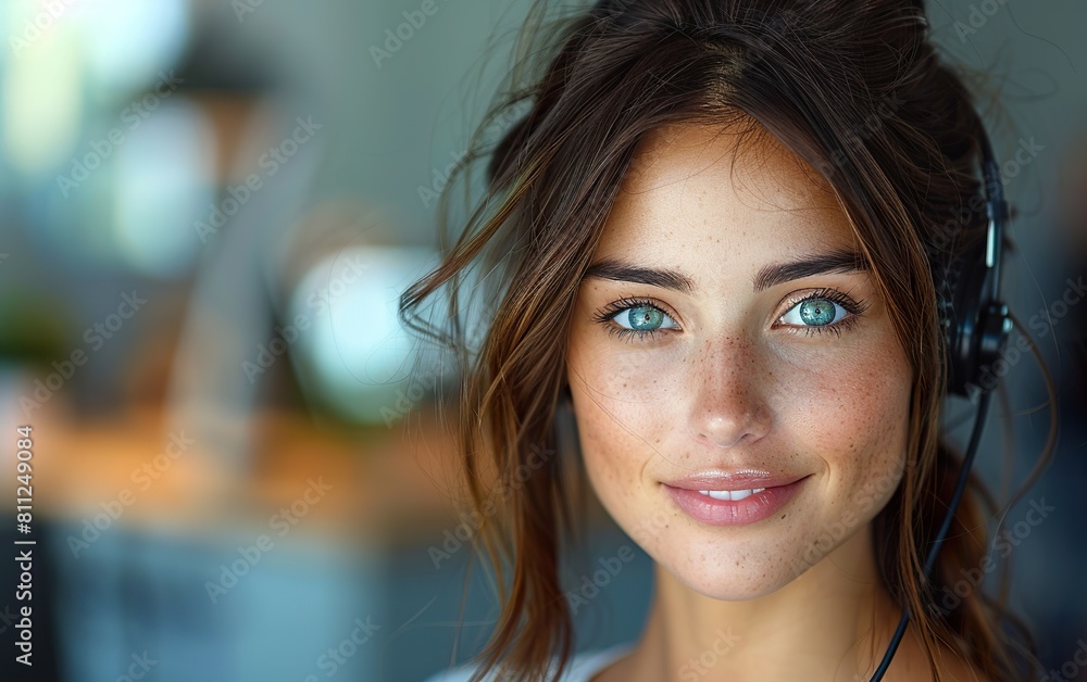 Fototapeta premium Beautiful Young Woman with Freckles Wearing Headphones