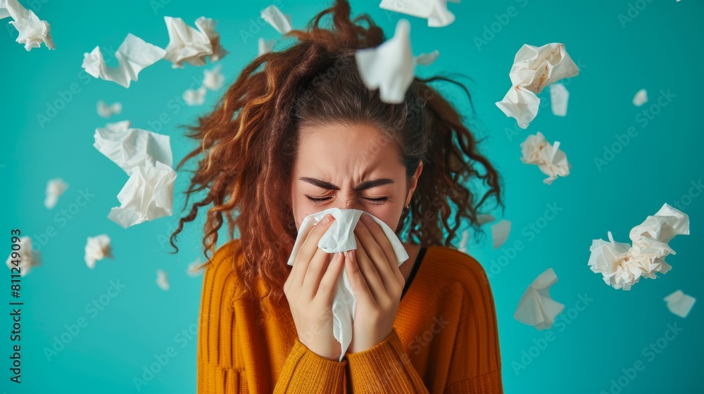 A female sneeze with tissue flying in air due to allergy reaction