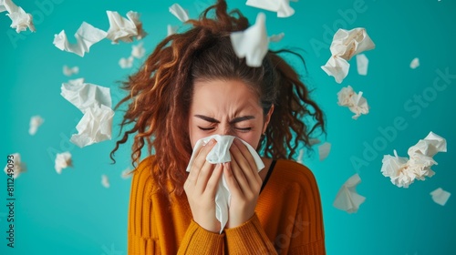 Obraz na płótnie A female sneeze with tissue flying in air due to allergy reaction w salonie