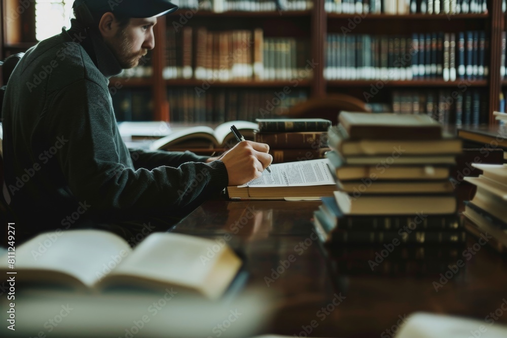 A man sitting at a table with a book and pen, appearing to conduct legal research for a complex issue, A lawyer conducting research on a complex legal issue A man sitting at a table with a book and pen, appearing to conduct legal research for a complex issue, A lawyer conducting research on a complex legal issue