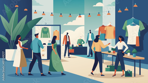 Busy Boutique Clothing Store with Happy Shoppers and Staff Illustration