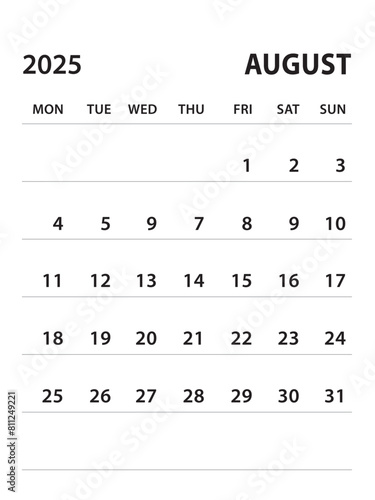 August 2025-Calendar 2025 template vector on white background, week start on monday, Desk calendar 2025 year, Wall calendar design, corporate planner template, clean style, stationery, organizer
