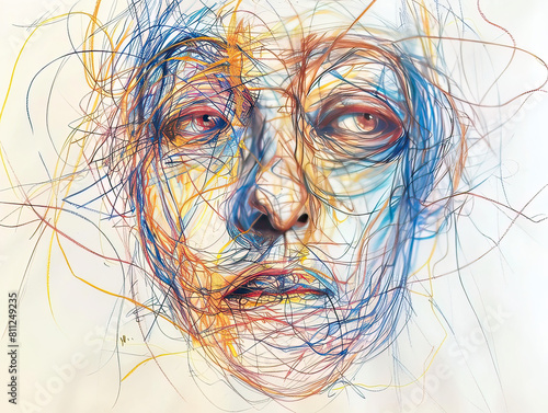 Intricate line drawing of a human face with detailed, expressive lines capturing the essence of human emotion.