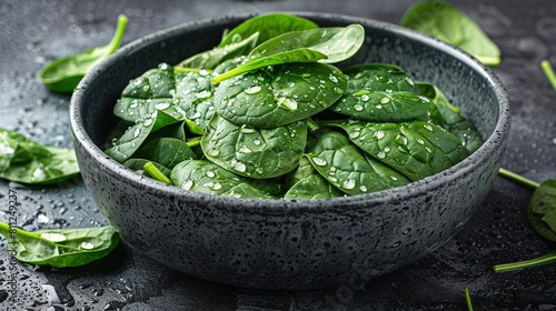  Green veggies on black surface with water droplets on leaves