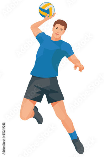 Volleyball player in a blue shirt who jump and throw the ball with one hand