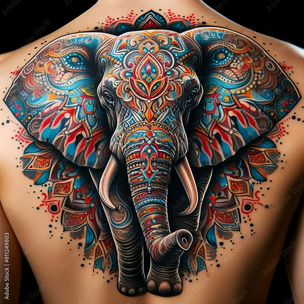 Elephant Tattoo Embodies Strength and Wisdom, generative AI