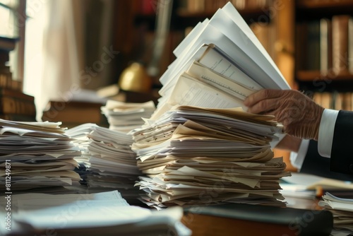 A man dressed in a suit is holding a stack of papers, likely legal documents, while reviewing them, A lawyer reviewing a stack of legal documents at their desk