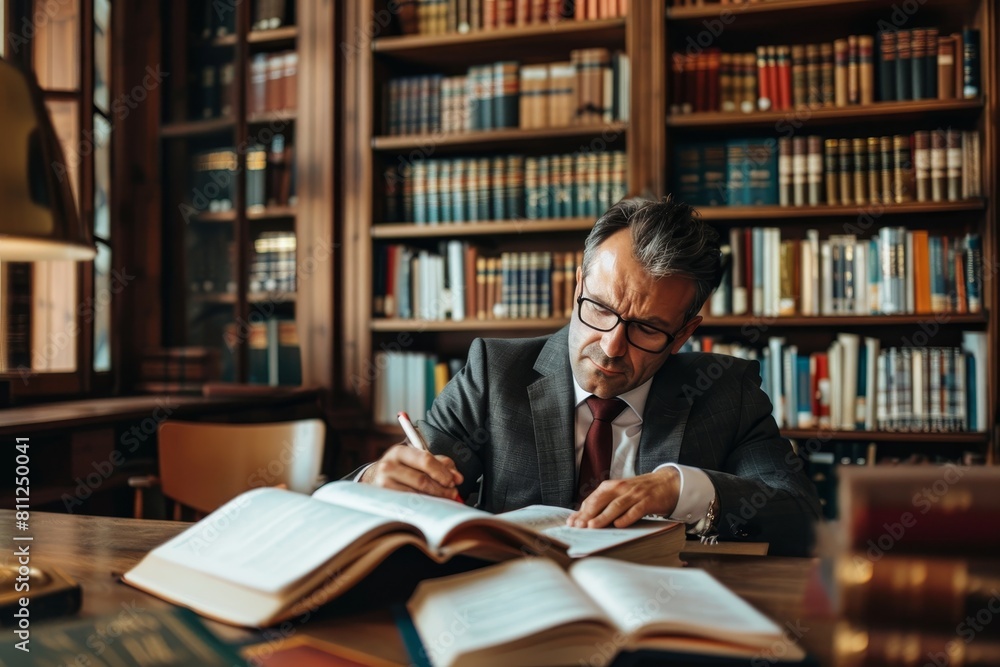 A lawyer sitting at a table, studying case law from a book in a library, A lawyer studying case law in a library A lawyer sitting at a table, studying case law from a book in a library, A lawyer studying case law in a library