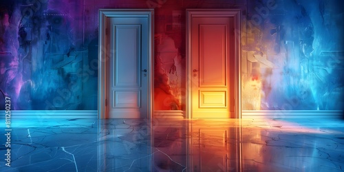 Comparing Groupthink and Individualism Through D Illustration of Doors and Words. Concept Groupthink, Individualism, Doors, Words, Illustration