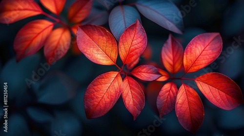   A close-up of vibrant red foliage on a tree branch with lush greenery surrounding it  set against a backdrop of sapphire sky