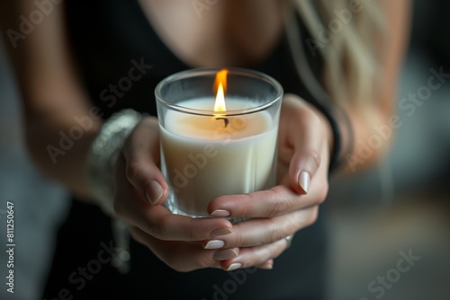 Woman holding a lit vanilla candle
