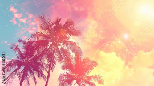 Artistic summertime background with palm tree and sky  space for text