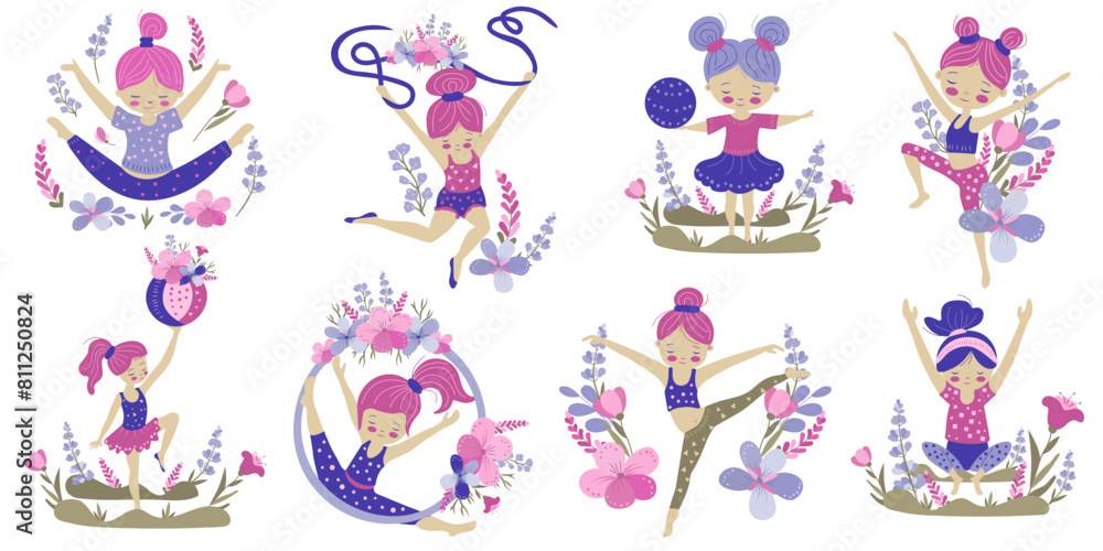 Obraz premium Set of young gils athletes who do gymnastics. Cartoon vector illustrations with spring flowers