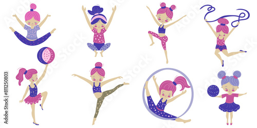 Set of young gils athletes who do gymnastics. Cartoon vector illustrations