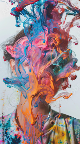An abstract portrayal of a female face obscured by swirls of vibrant, colorful paint, blending art and emotion.