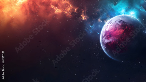 Colorful abstract space and planet against a dark backdrop  with ample copy space