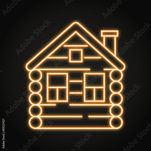Wooden country house neon icon. Russian traditional izba hut. Vector illustration.