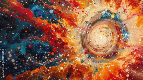 A visual symphony of a supernova explosion, colliding waves of red, orange, and yellow, pointillism technique, smudges of contrasting blues realistic