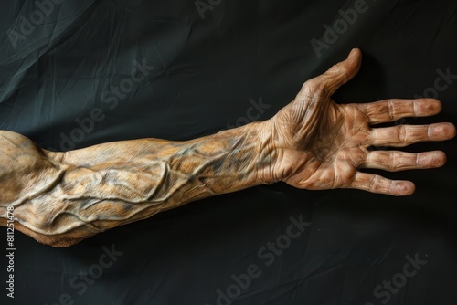 A persons arm covered in various tattoos, showcasing intricate designs and bold colors, A limp and lifeless forearm, damaged beyond repair