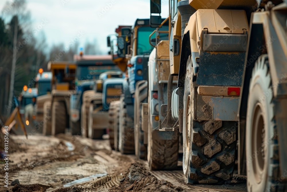 Construction vehicles lined up on a dirt road ready for work, A line of construction vehicles waiting to enter the site Construction vehicles lined up on a dirt road ready for work, A line of construction vehicles waiting to enter the site