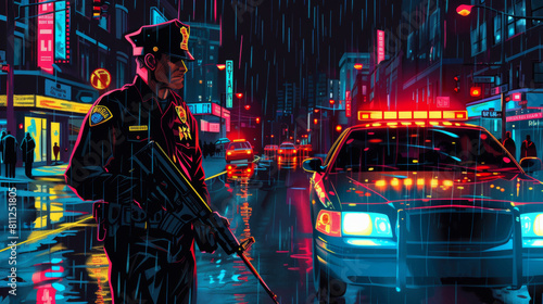 Vector illustration of police officer with police car. Comic book. photo