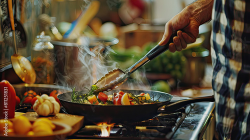 Close-up of a man's hand sauteing colorful vegetables in a steaming pan over a gas stove, showcasing a vibrant cooking scene.