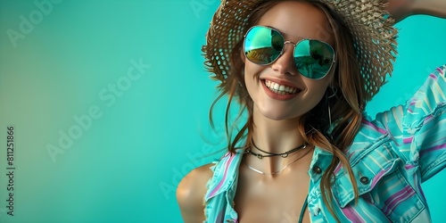 Retro woman in vintage attire grooving to disco music against a green backdrop. Concept Disco Woman, Retro Fashion, Vintage Vibes, Groovy Green, 70s Dance photo