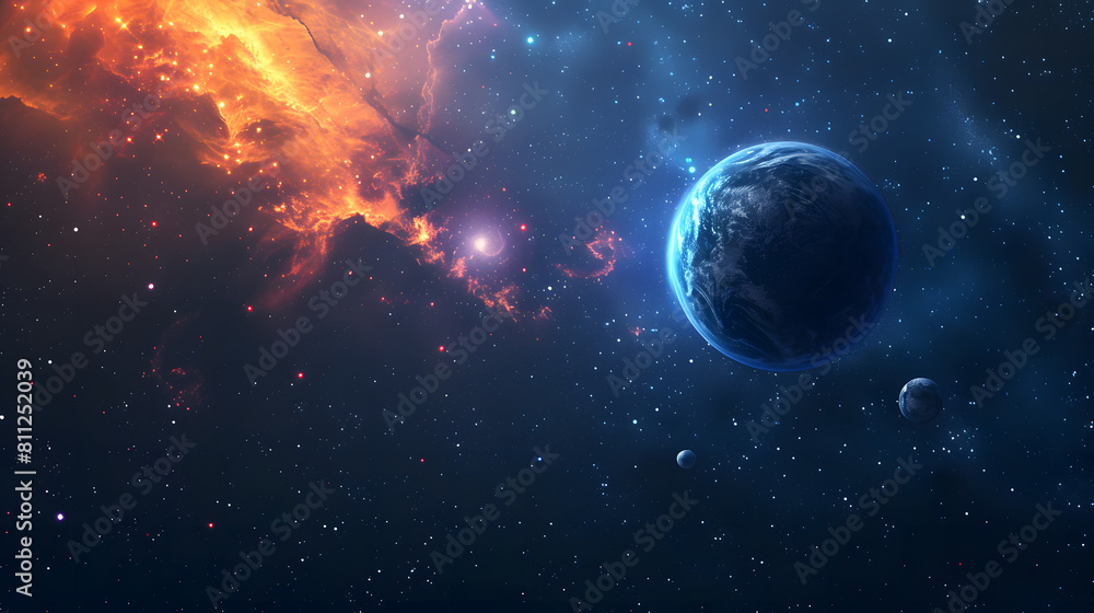 Dark background adorned with vibrant space art featuring a colorful planet, perfect for adding text