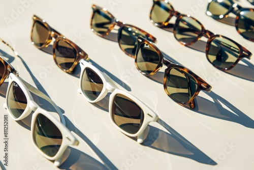 Multiple classic wayfarer sunglasses arranged neatly in a row on a wooden table, A lineup of classic wayfarer sunglasses in various sizes and finishes