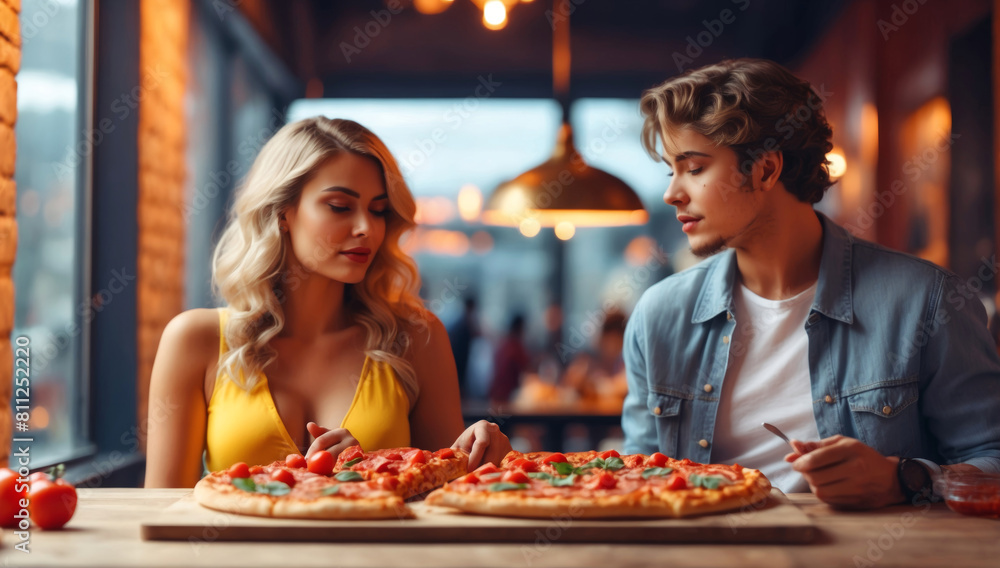A young couple sits with a pizza
