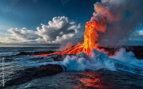 Lava flowing in to a deep blue ocean creating steam from volcanic activity